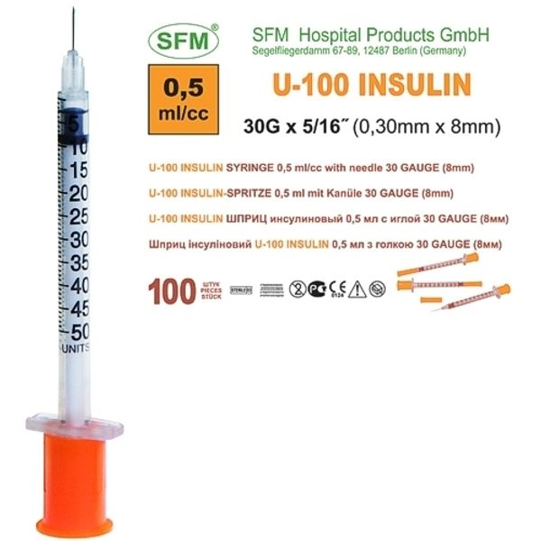 Шприцы одноразовые инсулиновые SFM U100 0,5 мл 8 мм 30G
